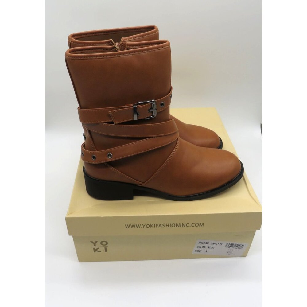 Yoki Womens Brown Faux Leather Buckled Mid-Calf Boots Size 9 NEW